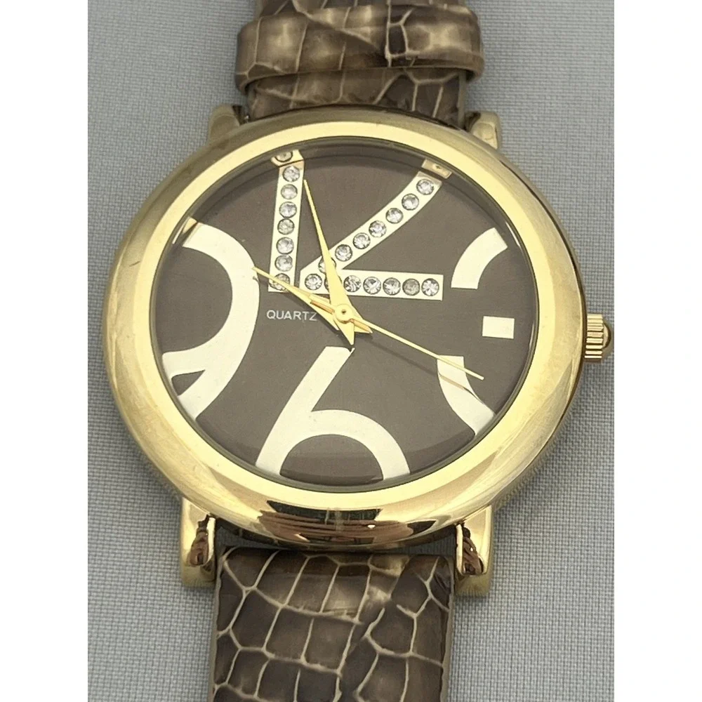 Fashion Quartz Wristwatch Set Gold‎ Tone Case Faux Croc Band K Crystal Dial